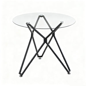 English Elm 35.4-inch Round Tempered Glass Dining Table Seats 4 with Slim Matte Black Metal Legs W1162P507250