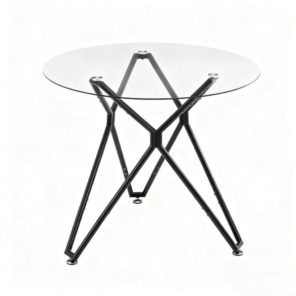 English Elm 35.4-inch Round Tempered Glass Dining Table Seats 4 with Slim Matte Black Metal Legs W1162P507250