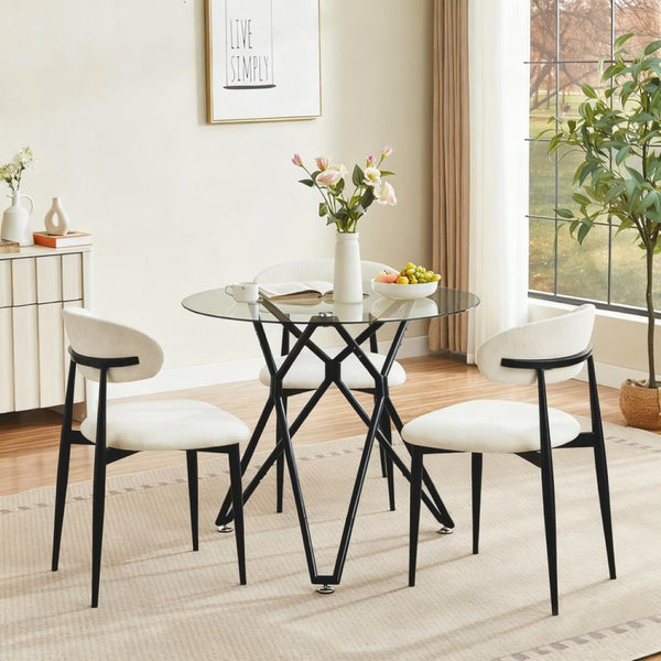 English Elm 35.4-inch Round Tempered Glass Dining Table Seats 4 with Slim Matte Black Metal Legs W1162P507250
