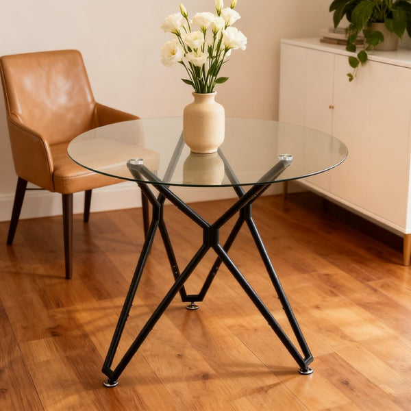English Elm 35.4-inch Round Tempered Glass Dining Table Seats 4 with Slim Matte Black Metal Legs W1162P507250