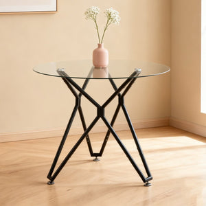 English Elm 35.4-inch Round Tempered Glass Dining Table Seats 4 with Slim Matte Black Metal Legs W1162P507250