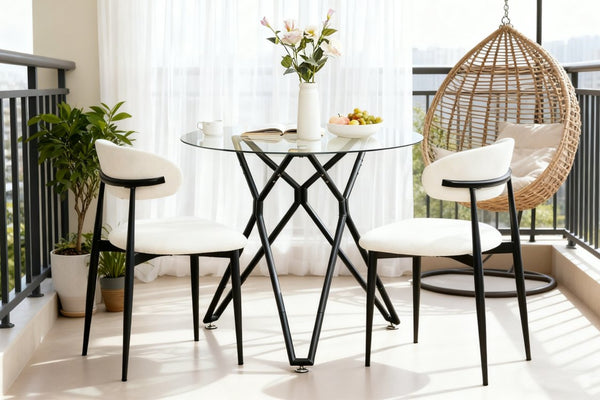 English Elm 35.4-inch Round Tempered Glass Dining Table Seats 4 with Slim Matte Black Metal Legs W1162P507250
