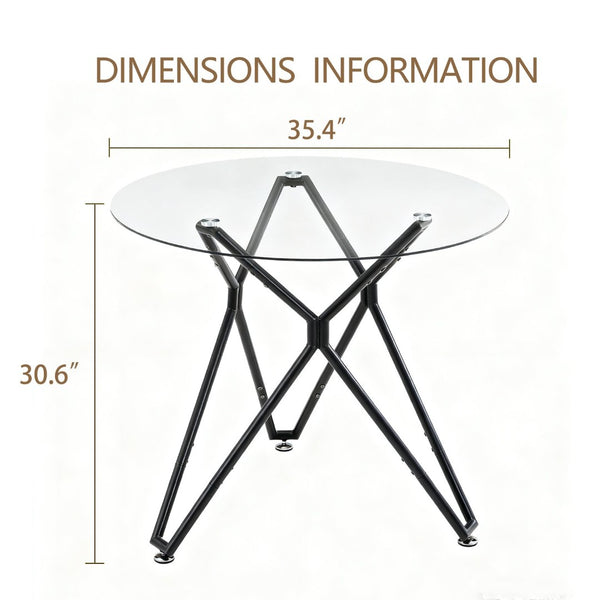 English Elm 35.4-inch Round Tempered Glass Dining Table Seats 4 with Slim Matte Black Metal Legs W1162P507250