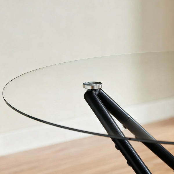 English Elm 35.4-inch Round Tempered Glass Dining Table Seats 4 with Slim Matte Black Metal Legs W1162P507250