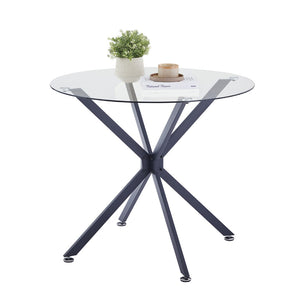 English Elm 35.4-inch Round Tempered Glass Dining Table with Matte Black Metal Legs Seats Four W1162P507251