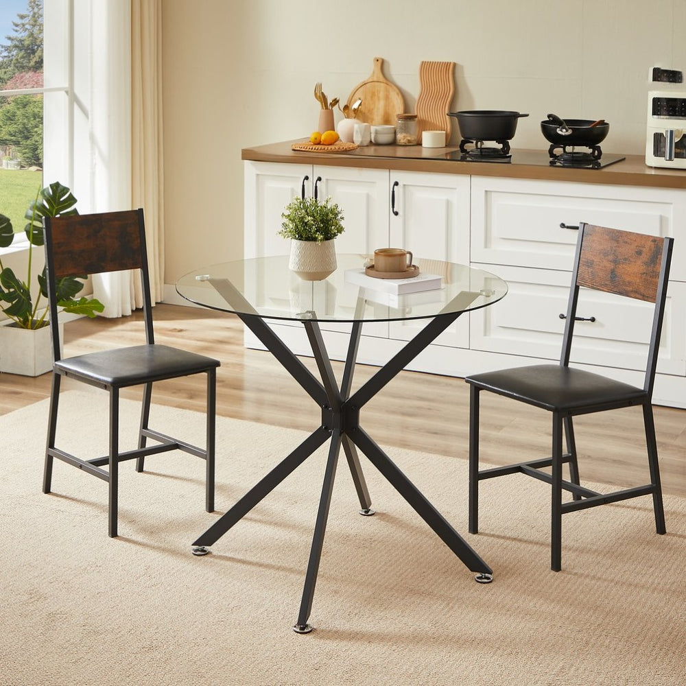 English Elm 35.4-inch Round Tempered Glass Dining Table with Matte Black Metal Legs Seats Four W1162P507251