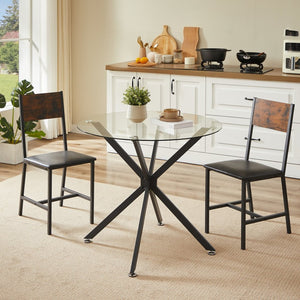 English Elm 35.4-inch Round Tempered Glass Dining Table with Matte Black Metal Legs Seats Four W1162P507251