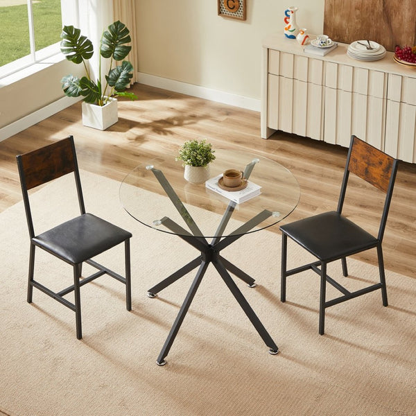 English Elm 35.4-inch Round Tempered Glass Dining Table with Matte Black Metal Legs Seats Four W1162P507251