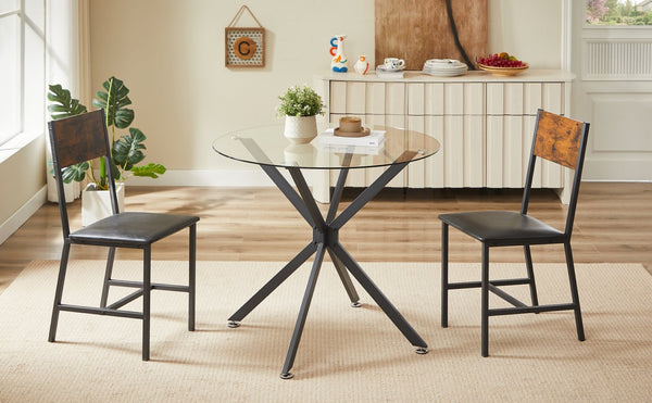 English Elm 35.4-inch Round Tempered Glass Dining Table with Matte Black Metal Legs Seats Four W1162P507251