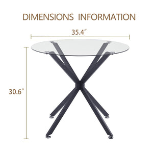 English Elm 35.4-inch Round Tempered Glass Dining Table with Matte Black Metal Legs Seats Four W1162P507251