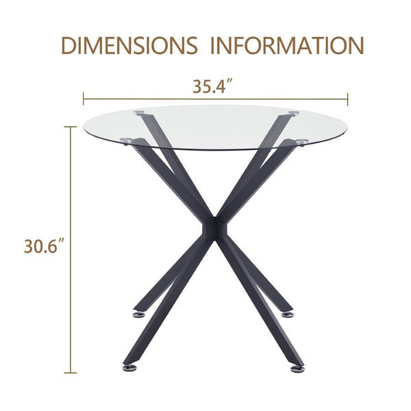 English Elm 35.4-inch Round Tempered Glass Dining Table with Matte Black Metal Legs Seats Four W1162P507251
