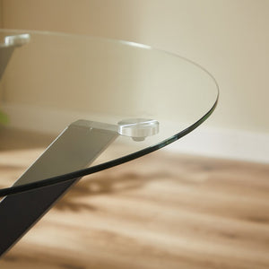 English Elm 35.4-inch Round Tempered Glass Dining Table with Matte Black Metal Legs Seats Four W1162P507251