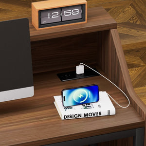 English Elm 46.5Inch Reception Desk with Geometric Cutout Front Walnut Finish and Built-In Cable Management Walnut+Black W1162P511617