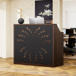 English Elm 46.5Inch Reception Desk with Geometric Cutout Front Walnut Finish and Built-In Cable Management Walnut+Black W1162P511617