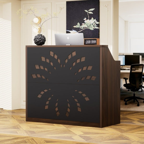 English Elm 46.5Inch Reception Desk with Geometric Cutout Front Walnut Finish and Built-In Cable Management Walnut+Black W1162P511617