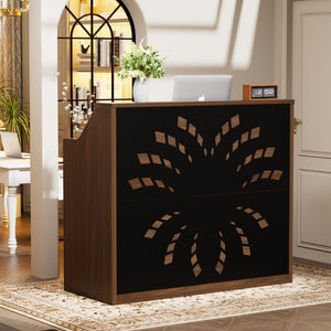 English Elm 46.5Inch Reception Desk with Geometric Cutout Front Walnut Finish and Built-In Cable Management Walnut+Black W1162P511617