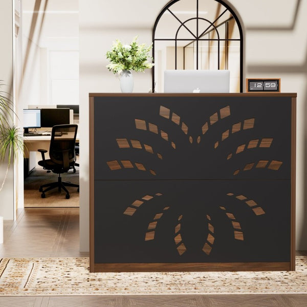 English Elm 46.5Inch Reception Desk with Geometric Cutout Front Walnut Finish and Built-In Cable Management Walnut+Black W1162P511617