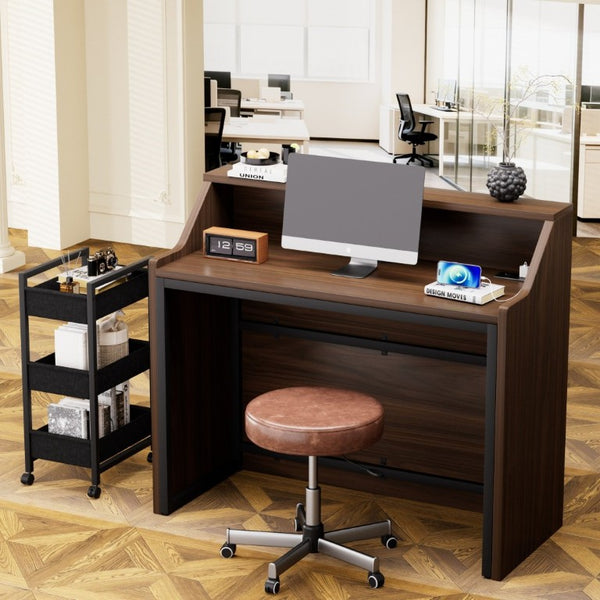 English Elm 46.5Inch Reception Desk with Geometric Cutout Front Walnut Finish and Built-In Cable Management Walnut+Black W1162P511617