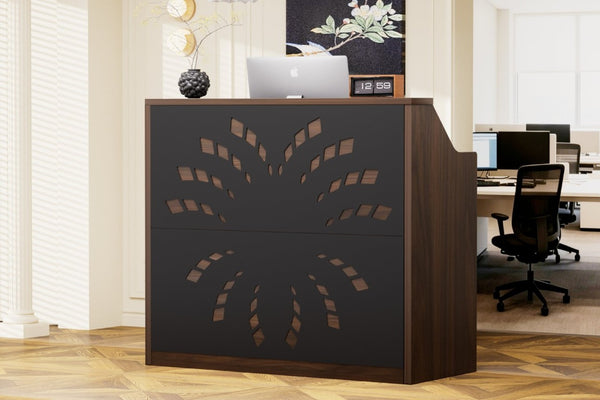 English Elm 46.5Inch Reception Desk with Geometric Cutout Front Walnut Finish and Built-In Cable Management Walnut+Black W1162P511617