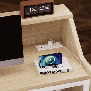 English Elm 46.5Inch Reception Desk with Geometric Cutout Front Walnut Finish and Built-In Cable Management Natural+White W1162P511625