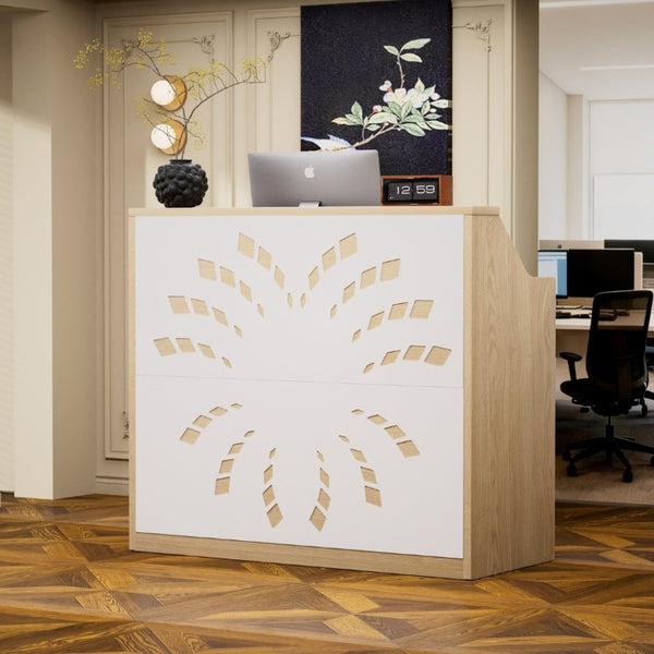 English Elm 46.5Inch Reception Desk with Geometric Cutout Front Walnut Finish and Built-In Cable Management Natural+White W1162P511625