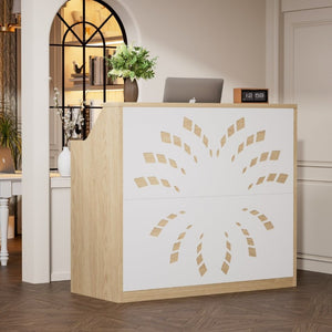English Elm 46.5Inch Reception Desk with Geometric Cutout Front Walnut Finish and Built-In Cable Management Natural+White W1162P511625
