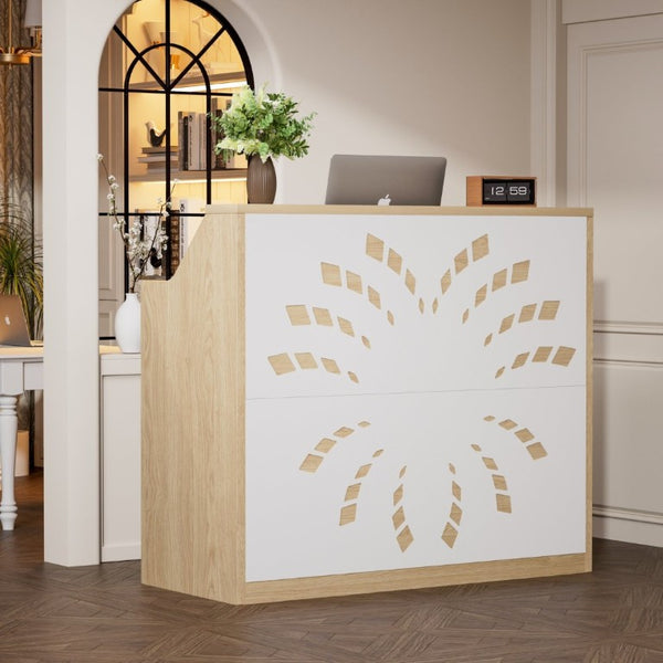 English Elm 46.5Inch Reception Desk with Geometric Cutout Front Walnut Finish and Built-In Cable Management Natural+White W1162P511625