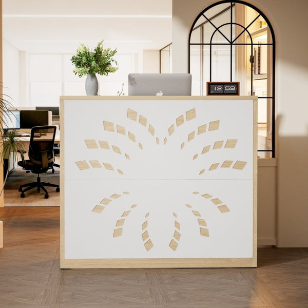 English Elm 46.5Inch Reception Desk with Geometric Cutout Front Walnut Finish and Built-In Cable Management Natural+White W1162P511625