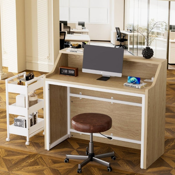 English Elm 46.5Inch Reception Desk with Geometric Cutout Front Walnut Finish and Built-In Cable Management Natural+White W1162P511625