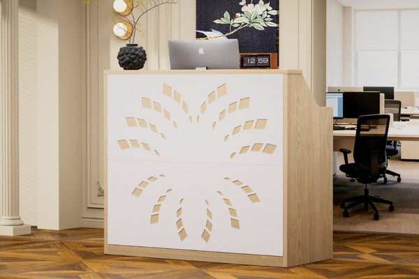 English Elm 46.5Inch Reception Desk with Geometric Cutout Front Walnut Finish and Built-In Cable Management Natural+White W1162P511625