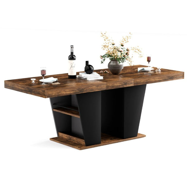 English Elm 78.7Rustic-Style Extendable Wood Dining Table with Side Shelves Seats 10 Industrial Rustic Brown+Black W1162P511649