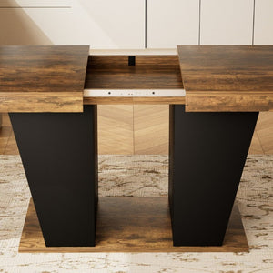 English Elm 78.7Rustic-Style Extendable Wood Dining Table with Side Shelves Seats 10 Industrial Rustic Brown+Black W1162P511649