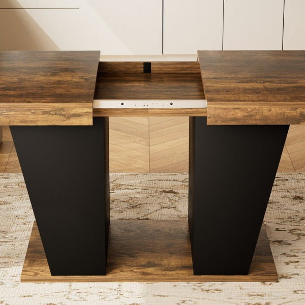 English Elm 78.7Rustic-Style Extendable Wood Dining Table with Side Shelves Seats 10 Industrial Rustic Brown+Black W1162P511649
