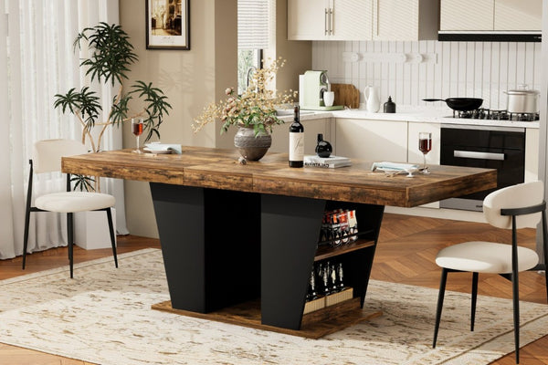 English Elm 78.7Rustic-Style Extendable Wood Dining Table with Side Shelves Seats 10 Industrial Rustic Brown+Black W1162P511649