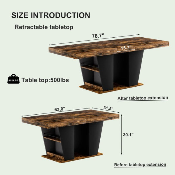 English Elm 78.7Rustic-Style Extendable Wood Dining Table with Side Shelves Seats 10 Industrial Rustic Brown+Black W1162P511649