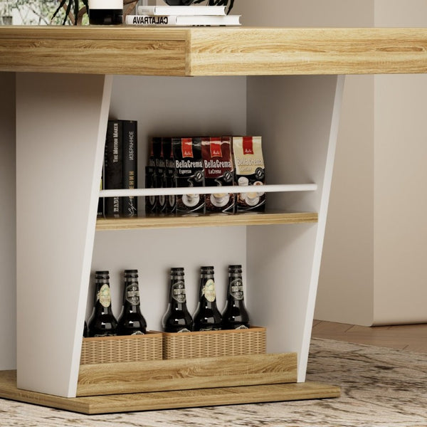 English Elm 78.7Rustic-Style Extendable Wood Dining Table with Side Shelves Seats 10 Industrial Natural+White W1162P511651