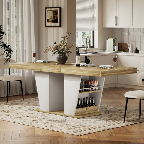 English Elm 78.7Rustic-Style Extendable Wood Dining Table with Side Shelves Seats 10 Industrial Natural+White W1162P511651