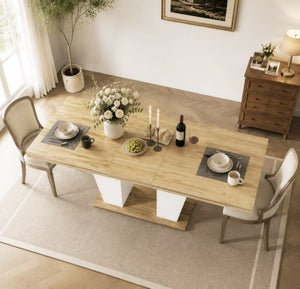 English Elm 78.7Rustic-Style Extendable Wood Dining Table with Side Shelves Seats 10 Industrial Natural+White W1162P511651