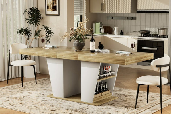 English Elm 78.7Rustic-Style Extendable Wood Dining Table with Side Shelves Seats 10 Industrial Natural+White W1162P511651