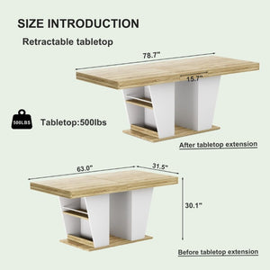 English Elm 78.7Rustic-Style Extendable Wood Dining Table with Side Shelves Seats 10 Industrial Natural+White W1162P511651