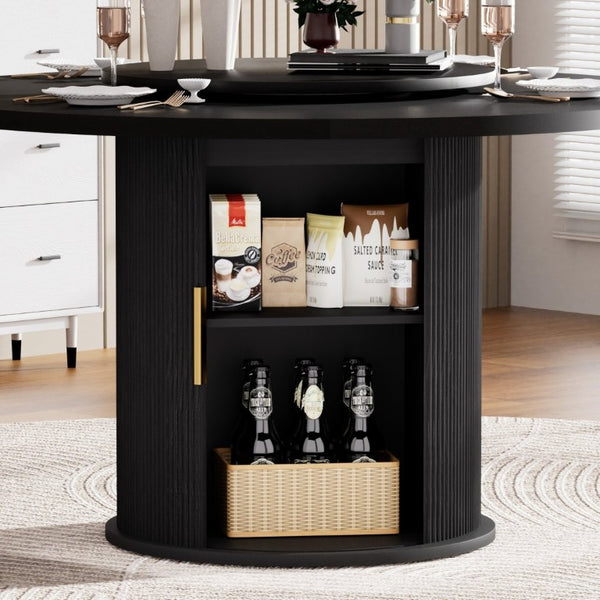 English Elm 55-Inch Round Dining Table Seats Six with Lazy Susan Turntable and Tiered Storage W1162P521775