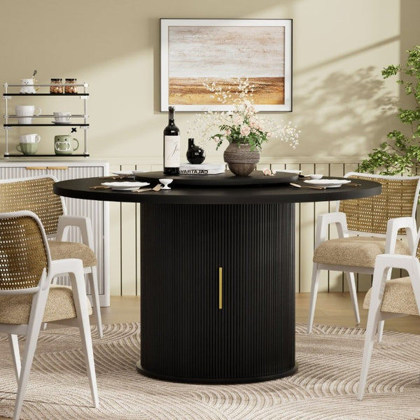 English Elm 55-Inch Round Dining Table Seats Six with Lazy Susan Turntable and Tiered Storage W1162P521775