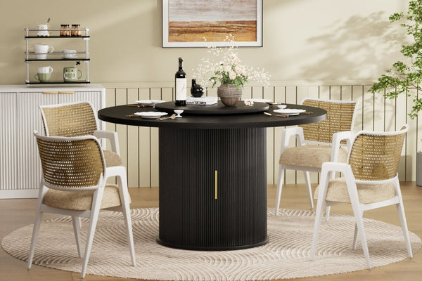 English Elm 55-Inch Round Dining Table Seats Six with Lazy Susan Turntable and Tiered Storage W1162P521775