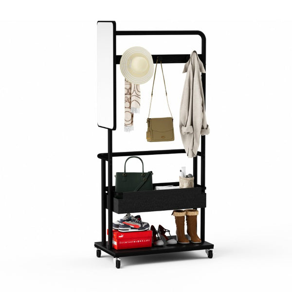 English Elm Sturdy Rolling Metal Coat Rack with Mirror Basket and Hanging Rod for Hallway Use W1162P521937