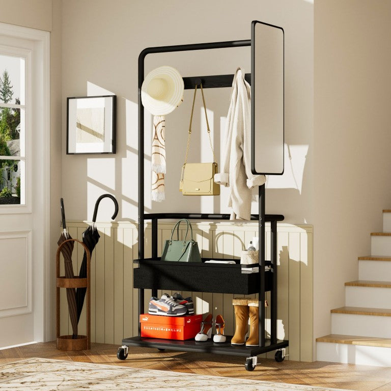 English Elm Sturdy Rolling Metal Coat Rack with Mirror Basket and Hanging Rod for Hallway Use W1162P521937