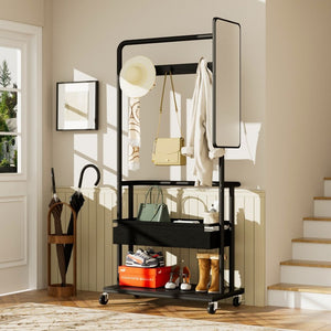 English Elm Sturdy Rolling Metal Coat Rack with Mirror Basket and Hanging Rod for Hallway Use W1162P521937