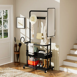 English Elm Sturdy Rolling Metal Coat Rack with Mirror Basket and Hanging Rod for Hallway Use W1162P521937