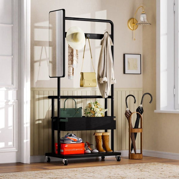English Elm Sturdy Rolling Metal Coat Rack with Mirror Basket and Hanging Rod for Hallway Use W1162P521937