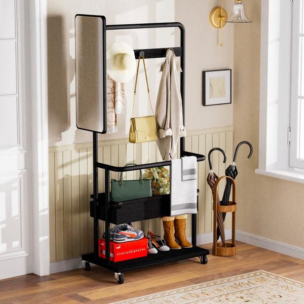 English Elm Sturdy Rolling Metal Coat Rack with Mirror Basket and Hanging Rod for Hallway Use W1162P521937