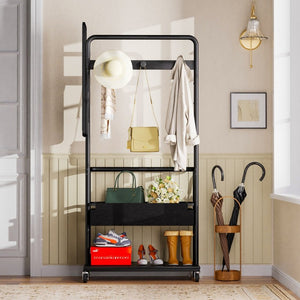 English Elm Sturdy Rolling Metal Coat Rack with Mirror Basket and Hanging Rod for Hallway Use W1162P521937